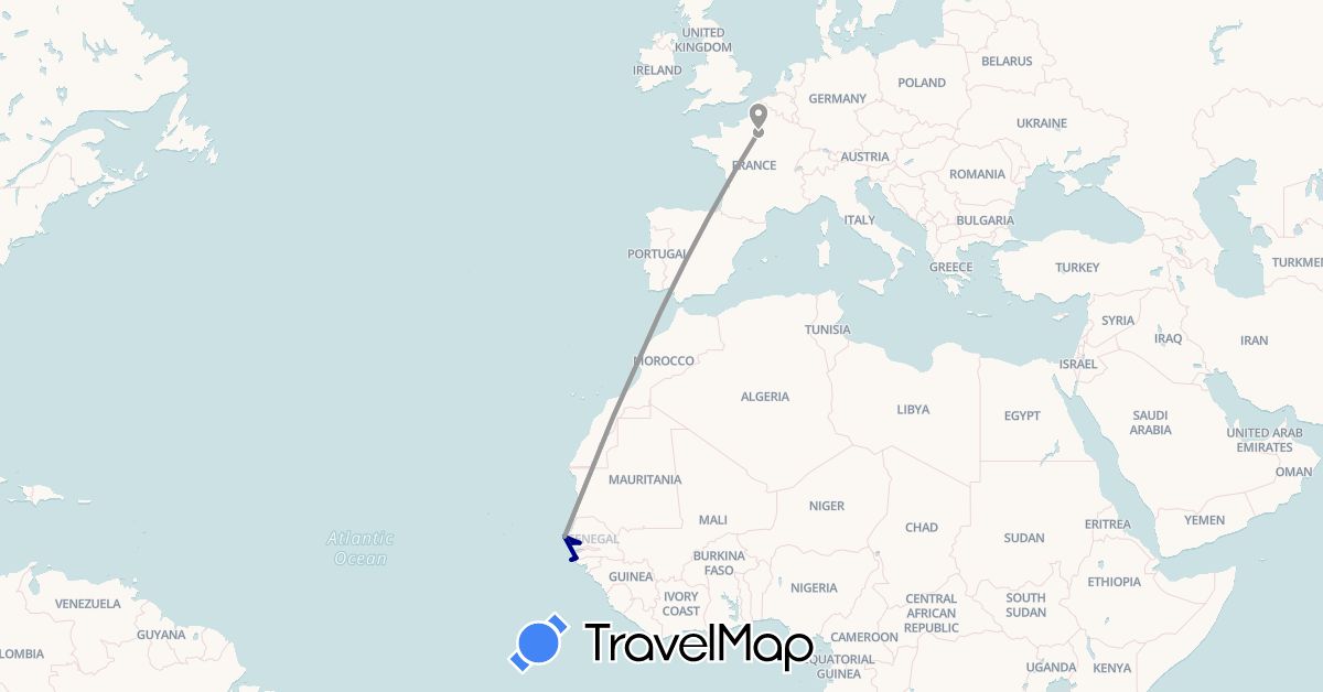 TravelMap itinerary: driving, plane, boat in France, Senegal (Africa, Europe)